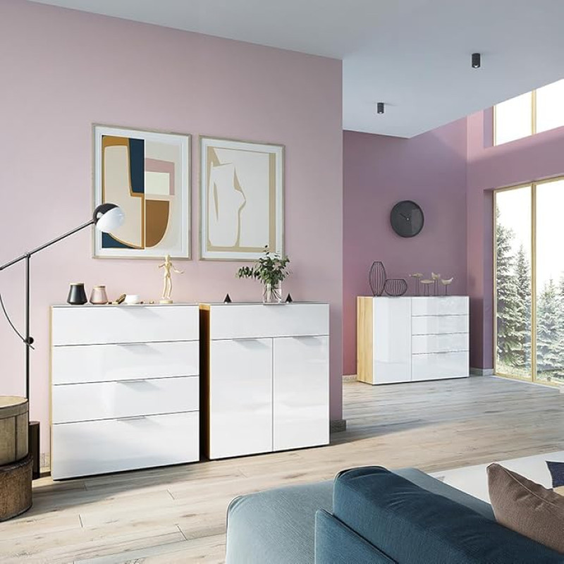 Wohnmöbel Chest of Drawers Set of 3 Glass Front Sideboard Drawer Chest of Drawers in White with Modern Oak