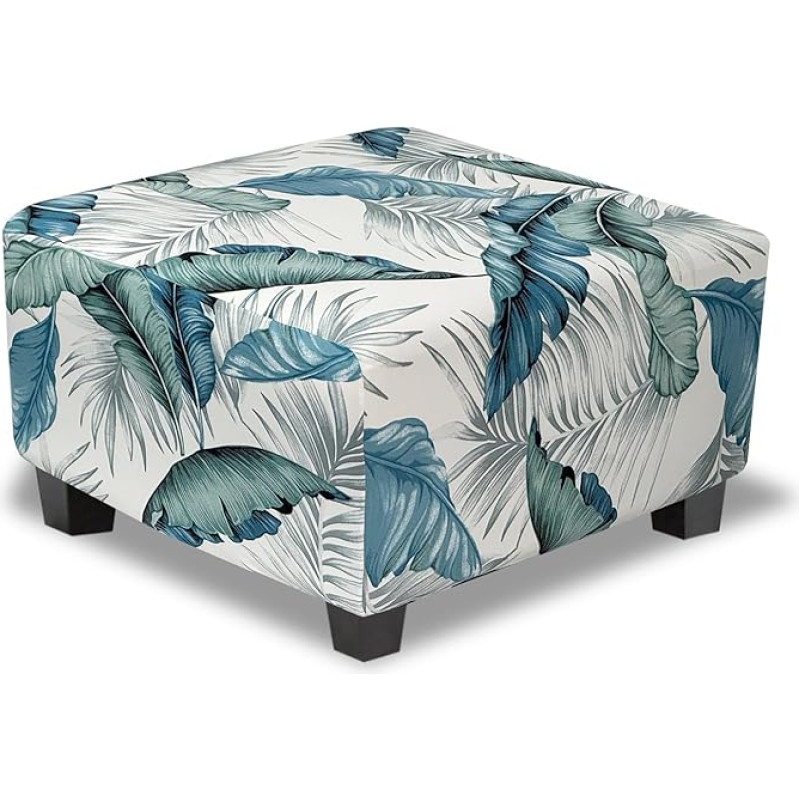 TOPHMDECOR Ottoman Cover Square Printed Stretch Footrest Stool Cover for Ottoman Soft Footstool Cover with Non-Slip Elastic Bottom Large Palm Leaf