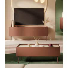 Home Furniture Set Wall Unit in Red with Oak, 2-Piece with Coffee Table, Lowboard, Modern, Handle-Free