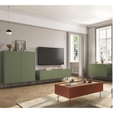 Wohnmöbel Set Living Wall Unit in Olive Green and Red with Oak, 4-Piece with Coffee Table, Highboard, Lowboard, Sideboard, Modern, Handle-Free