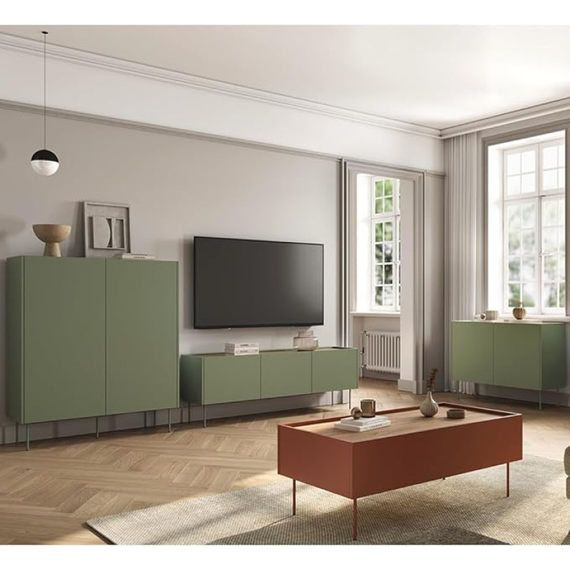 Wohnmöbel Set Living Wall Unit in Olive Green and Red with Oak, 4-Piece with Coffee Table, Highboard, Lowboard, Sideboard, Modern, Handle-Free