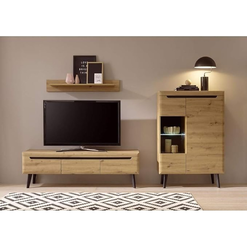 Lomadox Small Wall Unit Set, Scandinavian Design, Artisan Oak with Black, LED Lighting, Solid Wood Feet W/H/D: 270/170/40 cm