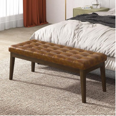 Befurtori Upholstered Bench, Bedroom Bench, Faux Leather Bed End Bench for Living Room, Entryway, Dining Bench with Solid Wood Legs and Buttoned Buttons (Brown)
