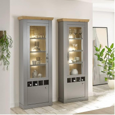 Lomadox Living Room Display Cabinet Set with LED Lighting in Grey with Artisan Oak Dimensions W x H x D Approx. 157 x 201 x 37 cm