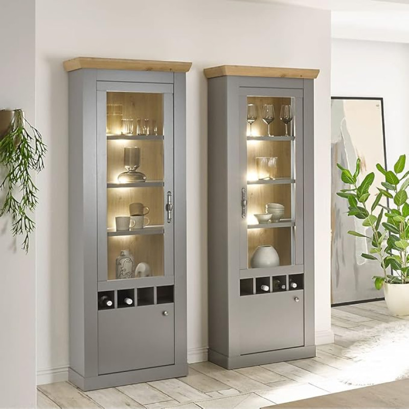 Lomadox Living Room Display Cabinet Set with LED Lighting in Grey with Artisan Oak Dimensions W x H x D Approx. 157 x 201 x 37 cm