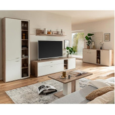 Home Furniture Set of Living Room Wall Unit Oak White 5 Pieces Modern 1 Display Cabinet 1 Wall Shelf 1 Lowboard 1 Sideboard 1 Coffee Table
