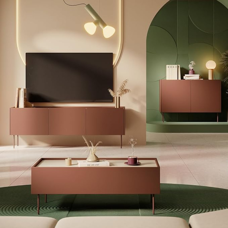 Home Furniture Set Wall Unit in Red with Oak 3-Piece with Coffee Table, Lowboard, Sideboard, Modern, Handle-Free