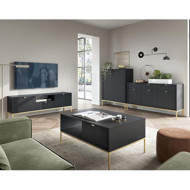 Home Furniture Set Wall Unit Black Gold Base Frame 4 Pieces 1 Highboard 1 Sideboard 1 Coffee Table 1 Lowboard