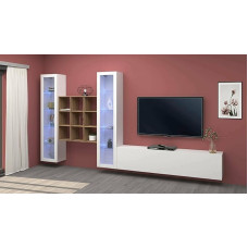 Dmora - Egidio 3 Door Wall Mounted TV Stand Living Room Set, Multi-Purpose Living Room Furniture with Display Case and LED Light, 100% Made in Italy, 350 x 30 x 180 cm, Glossy White and Maple