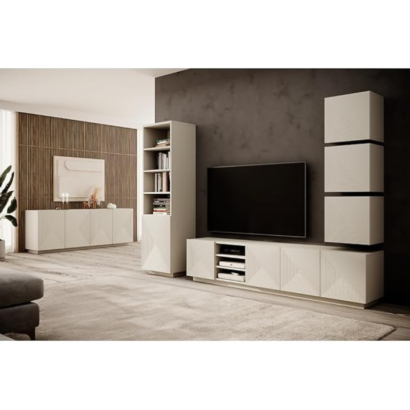 Wohnwand Wohnmöbel Set Kaschmir mit gerillter Front 6-teilig, Sideboard, Regalschrank, Lowboard, 3 Hängeschränke grifflos, Push-to-Open