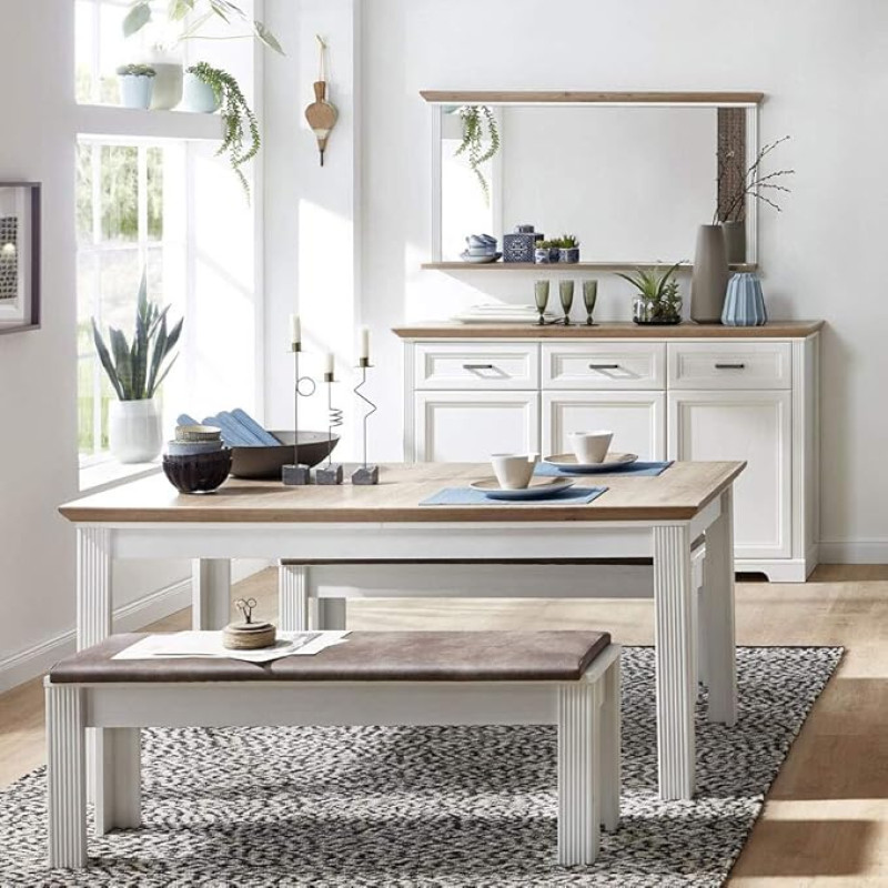 Lomadox Dining Room Set Dining Table and Sideboard in White Pine and Artisan Oak with LED Display Cabinet