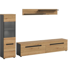 xonox.home - Canu Wall Unit Combination 3 Pieces 221 x 141 x 33 cm in Body Basalt Grey Nb., Front Artisan Nb. - Living Combination Living Room Furniture Living Room Cabinet Furniture Combination