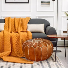 KESHMARK Luxury Handmade Moroccan Leather Stool - Boho Chic Ottoman Seat & Footstool for Living Room Decor - Footrest - Round Genuine Leather Ottoman (Light Brown, Filled)