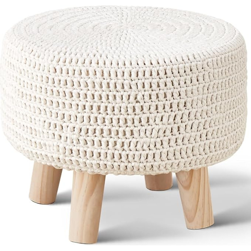 Wimarsbon Pouf Ottoman, 100% Cotton Knitted Boho Footstool, Round Footrest with Non-Slip Wooden Legs, Home Decor, Handmade Pouf, Leisure Floor Step Stool for Living Room (Beige)