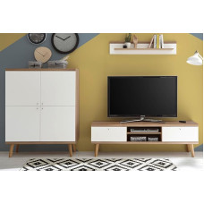 Furn.Design Helge Wall Unit White and Oak Wood Scandinavian with Highboard, TV Bottom, Wall Shelf, Living Room Complete Set of 3, 277 x 160 cm