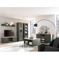 Lomadox Country House Wall Unit Complete Set with Sideboard and Coffee Table, English Green with Wotan Oak, with Lighting
