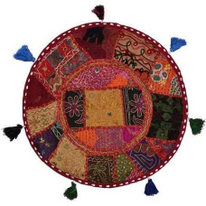 Sophia-Art Round Floor Cushion Patchwork Stool Ottoman Vintage Indian Foot Stool Bean Bag Floor Cushion Cover Home Decor Living Room Ottoman Bohemain Cushion (Change Multi, 22 Inches)