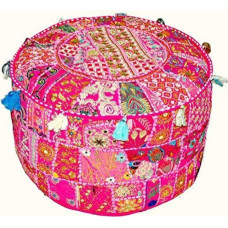 Sophia-Art Indian Embroidered Patchwork Cover Indian Decorative Pouf Indian Comfortable Floor Cotton Cushion Ottoman Pouf, Indian Designs Ethnic Patchwork Pouf (Dark Pink, 14 x 22 inches)