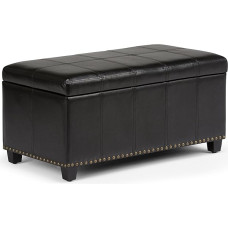 Simpli Home AXCOT-257-BL Amelia 34 Inch Wide Traditional Rectangle Storage Ottoman Bench in Midnight Black Faux Leather