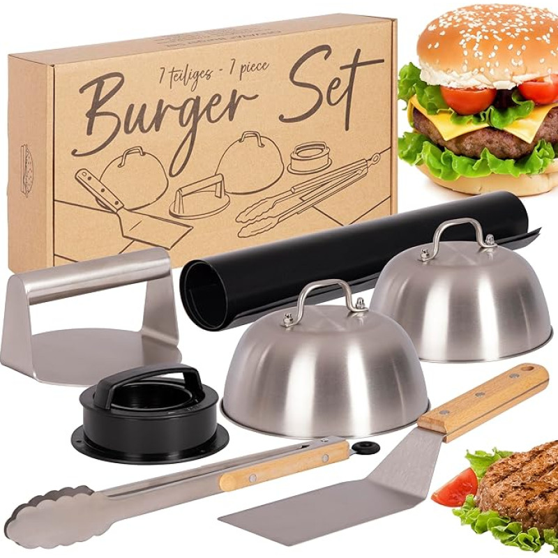 ONVAYA® Burgeri komplekt, 8 tükki, sealhulgas roostevabast terasest burgerikell ja Smash Burgeri press, Smash Burgeri komplekt koos grillimatiga, spaatliga ja sulatuskellaga, Burgeri purustaja, grillkellaga