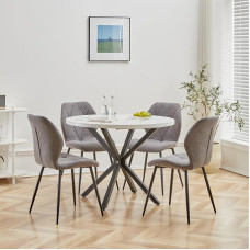 DEYARNA HOME 5-osaline söögikomplekt, 100 cm ümmargune söögilaud ja 4 linast söögitooli, söögilaud ja toolid 4 inimesele, 4 tooli ja laud kööki, söögituppa ja elutuppa (valge/must) +