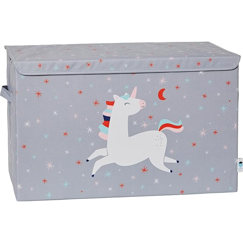 LOVE IT STORE IT Mänguasjakapp kaanega - suur riidest hoiukast - puiduga tugevdatud - vastupidav ja stabiilne - hall ükssarvikuga - 62 x 38 x 39 cm