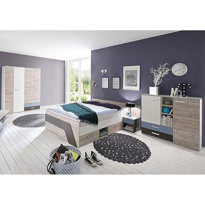 Lomadox teismeliste toakomplekt, liivane tamm, valge laava sinisega, 140 x 200 cm, lastevoodi, riidekapp, öökapp, kõrge laudkapp, sahtlituba