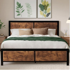 VECELO voodiraam 140 x 200 cm metallist voodi paksu puidust peatsiga, metallist kaheinimesevoodi raam lamellipõhjaga, palju panipaiku voodi all, sobib ideaalselt magamistuppa, pruun