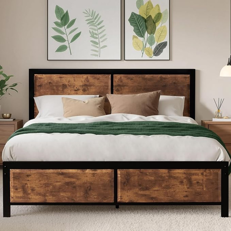 VECELO voodiraam 140 x 200 cm metallist voodi paksu puidust peatsiga, metallist kaheinimesevoodi raam lamellipõhjaga, palju panipaiku voodi all, sobib ideaalselt magamistuppa, pruun