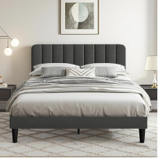 VECELO polsterdatud voodi 140 x 200 cm kaheinimesevoodi reguleeritava kõrgusega peaplaadiga, tugev voodiraam lamellipõhjaga, polsterdatud voodiraam, ei vaja kastipingi, samet, ilma madratsita, hall