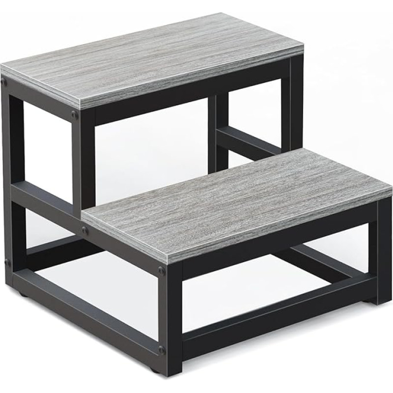 LIANTRAL 2-astmeline astmeline trepitool täiskasvanutele ja lastele, raske puidust astmetool 220 kg kandevõimega, metallraam, libisemisvastane tool kõrgete voodite, köögi, matkaautode jaoks, hall ja must