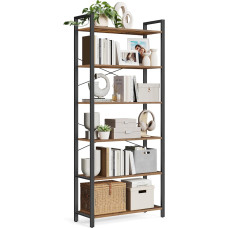 VASAGLE 6-korruseline raamaturiiul terasraamiga, vabalt seisev riiul elutuppa, magamistuppa, õpperuumi, 30 x 80 x 186 cm, tööstusdisain, Vintage pruun/must, LLS082B01