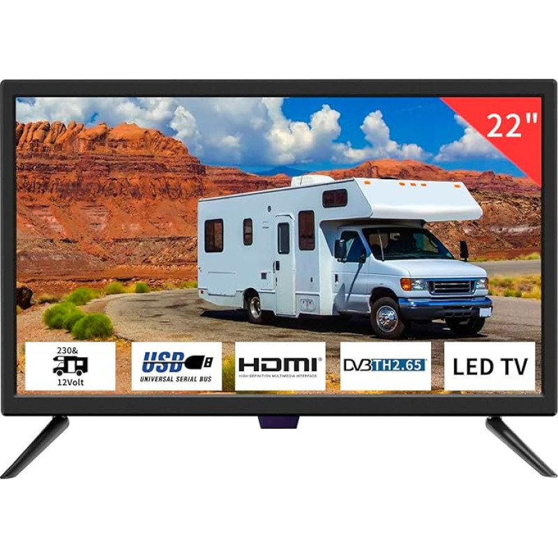 TV 22-tolline (55 cm) Full HD teler digitaaltuuneritega DVB-T2-12V TV Caravan HDMI/USB meediamängija [mudeliaasta 2025] Mustanahaline