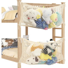LAHAQIQI Toy Cuddly Toy Storage Net for Children's Room, Bed Side Stuffed Toy Organiser, Hanging Cotton Mesh Bag with Tethe for Children (Beige, Pack of 2)