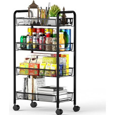 OVICAR 4 Tier Wire Mesh Kitchen Storage Organizer Utility Trolley Full Metal Basket Storage Trolley Art Trolley with Wheels and 4 Side Hooks