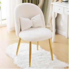 Bonnlo Dressing Table Chair, Children's Dressing Chair, Modern Dining Room Chair with Adjustable Gold Legs & Bow Cushion for Bedroom, Home Office, Children's Room (Teddy Fabric, White)