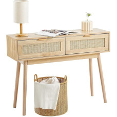 VEVOR Rattan Console Table with 2 Drawers, Rattan Entrance Table with Natural Rattan Sliding Door, Console Sofa Table for Living Room, Study, Entryway or TV Wall, Natural
