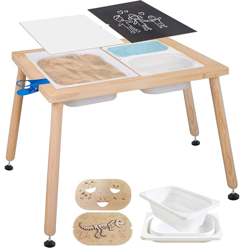 Cateam Children's Table with Reversible Table Top, Pine Play Table with 3 Foldable Storage Containers for Children from 3 Years - Educational Wooden Puzzle Inserts - Play Sand Activity Table