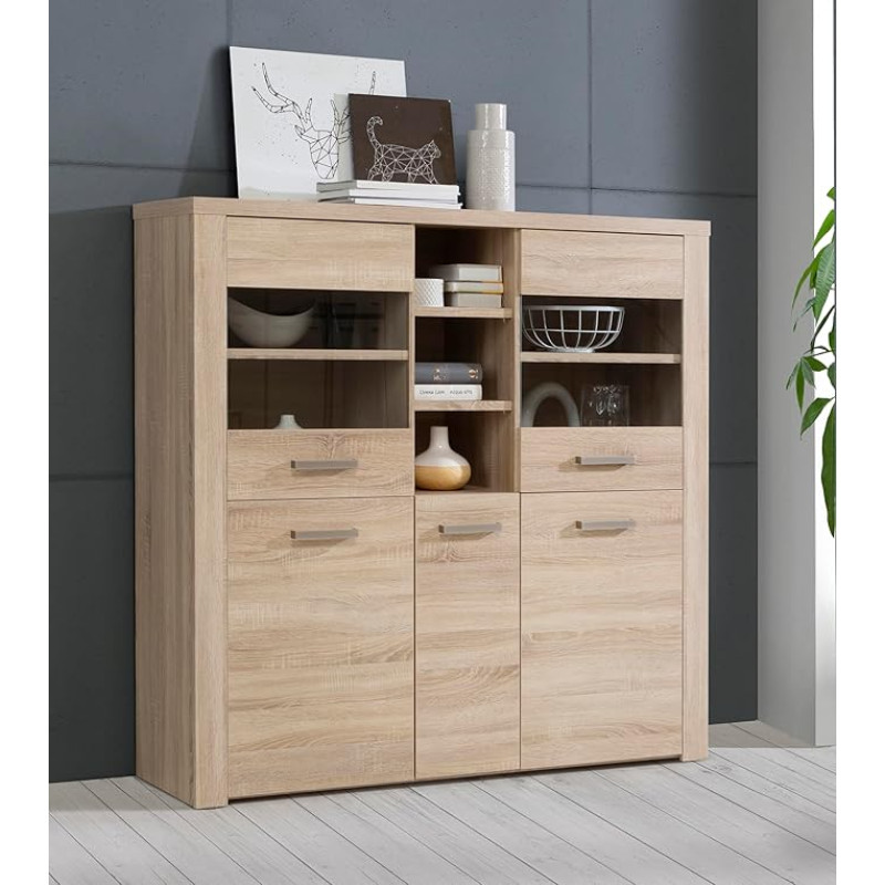 Forte Baltimore 140 150 Modern Display Cabinet with 5 Doors, Standing Display Cabinet, Living Room Display Cabinet, Wood Composite, Sonoma Oak Wood Decor, 146.3 cm Wide x 137.4 cm High x 41.3 cm Deep