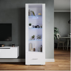 SONNI Glass Display Cabinet with LED Lighting, Black/White, High-Gloss Front, with 4 Shelves and 1 Drawer, Standing Display Cabinet, Living Room Display Cabinet, W550 x D350 x H1720 mm