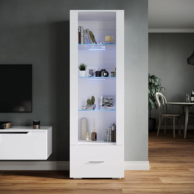 SONNI Glass Display Cabinet with LED Lighting, Black/White, High-Gloss Front, with 4 Shelves and 1 Drawer, Standing Display Cabinet, Living Room Display Cabinet, W550 x D350 x H1720 mm