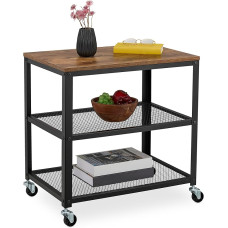 Relaxdays Trolley with 3 Shelves, Industrial Design, 61 x 60 x 40 cm, Kitchen Trolley with Wheels, Steel & MDF, Black/Brown