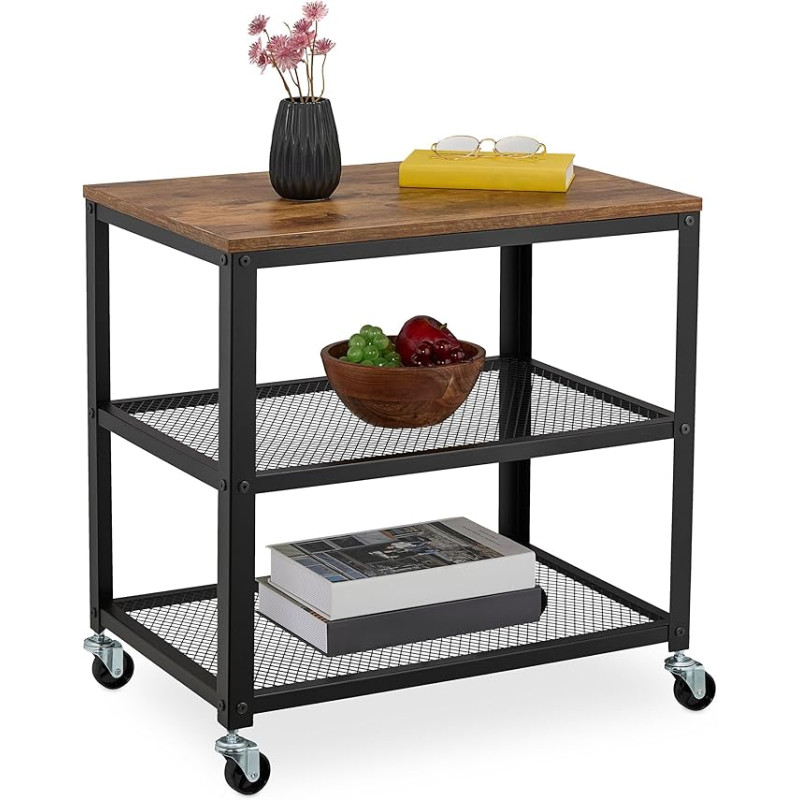 Relaxdays Trolley with 3 Shelves, Industrial Design, 61 x 60 x 40 cm, Kitchen Trolley with Wheels, Steel & MDF, Black/Brown