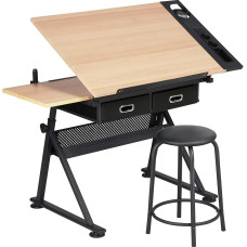 Yaheetech Drawing Table, Architect Table, Adjustable Table Top, Students' Desk with Stool and Drawers, Height Adjustable Work Table for Technicians, Architects