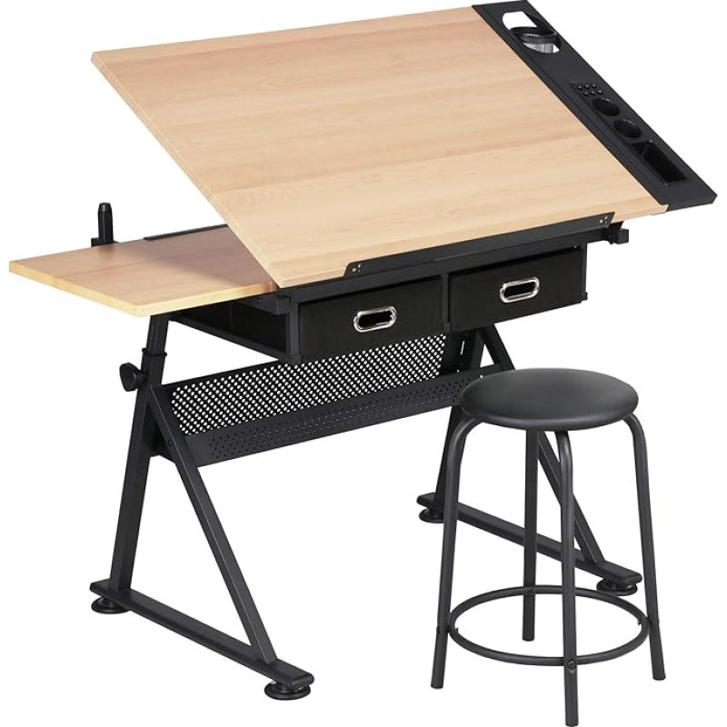 Yaheetech Drawing Table, Architect Table, Adjustable Table Top, Students' Desk with Stool and Drawers, Height Adjustable Work Table for Technicians, Architects