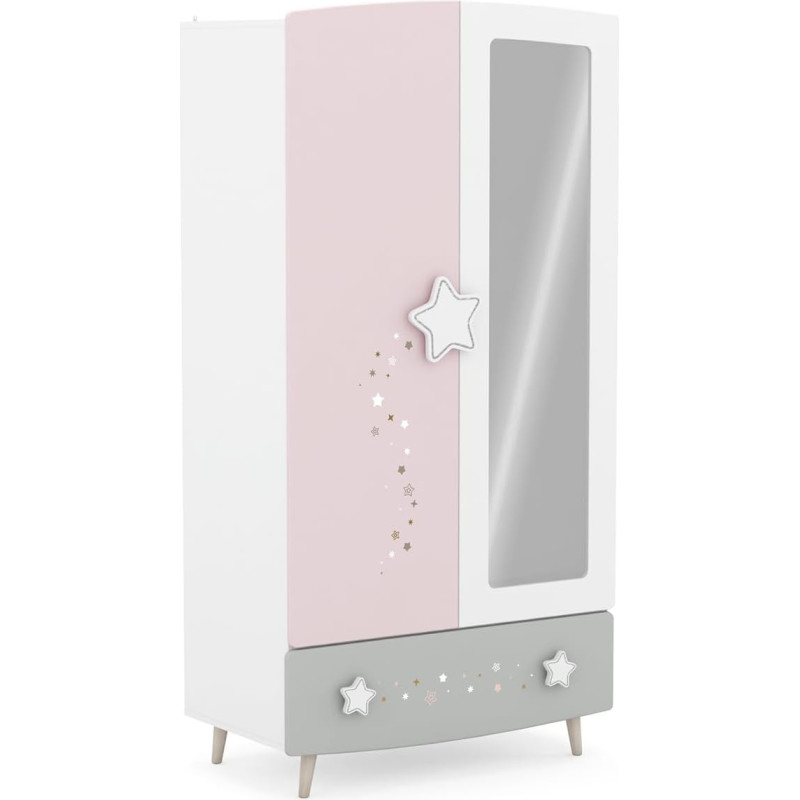 möbelando Princess Children's Wardrobe with Sky Stars and Full-Length Mirror, 2 Doors, 1 Drawer, 2 Clothes Rails, Solid Wood Feet - 89 x 185 x 50 cm (W x H x D), Pink/White/Grey, Simply Sugar Sweet