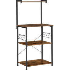 VASAGLE Kitchen Storage Baker's Rack Coffee Bar 3 Tier Shelf 6 S Hooks Microwave Spice Jars Pots and Pans Industrial Rustic Brown and Black UKKS023B01