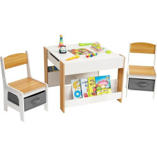 Yorbay Children's Table with 2 Chairs, Wooden Furniture Set with Storage Space and Bookshelves, 3-in-1 Painting Table & Activity Table & Table Table, Children's Room, Playroom, Preschoolers (Natural)