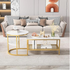 2er Set Couchtisch, rechteckig Abnehmbarer Tisch und runder Tisch mit Stauraum, Marmor Optik, Metallrahmen für Wohnzimmer,Balkon und Büro,weiß und Gold (Gold)