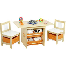 Yorbay Children's Table with 2 Chairs, Children's Activity Table with Storage Space, 3-Piece Children's Seating Set, Children's Painting Table for Children's Room, Playroom, Preschoolers, Children's